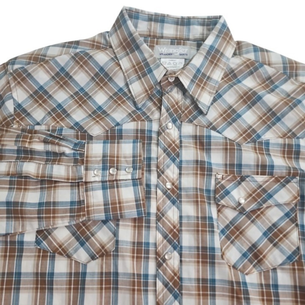 Wrangler Wrancher Brown White Teal Pearl Snap Western Cowboy Shirt X-Large XL